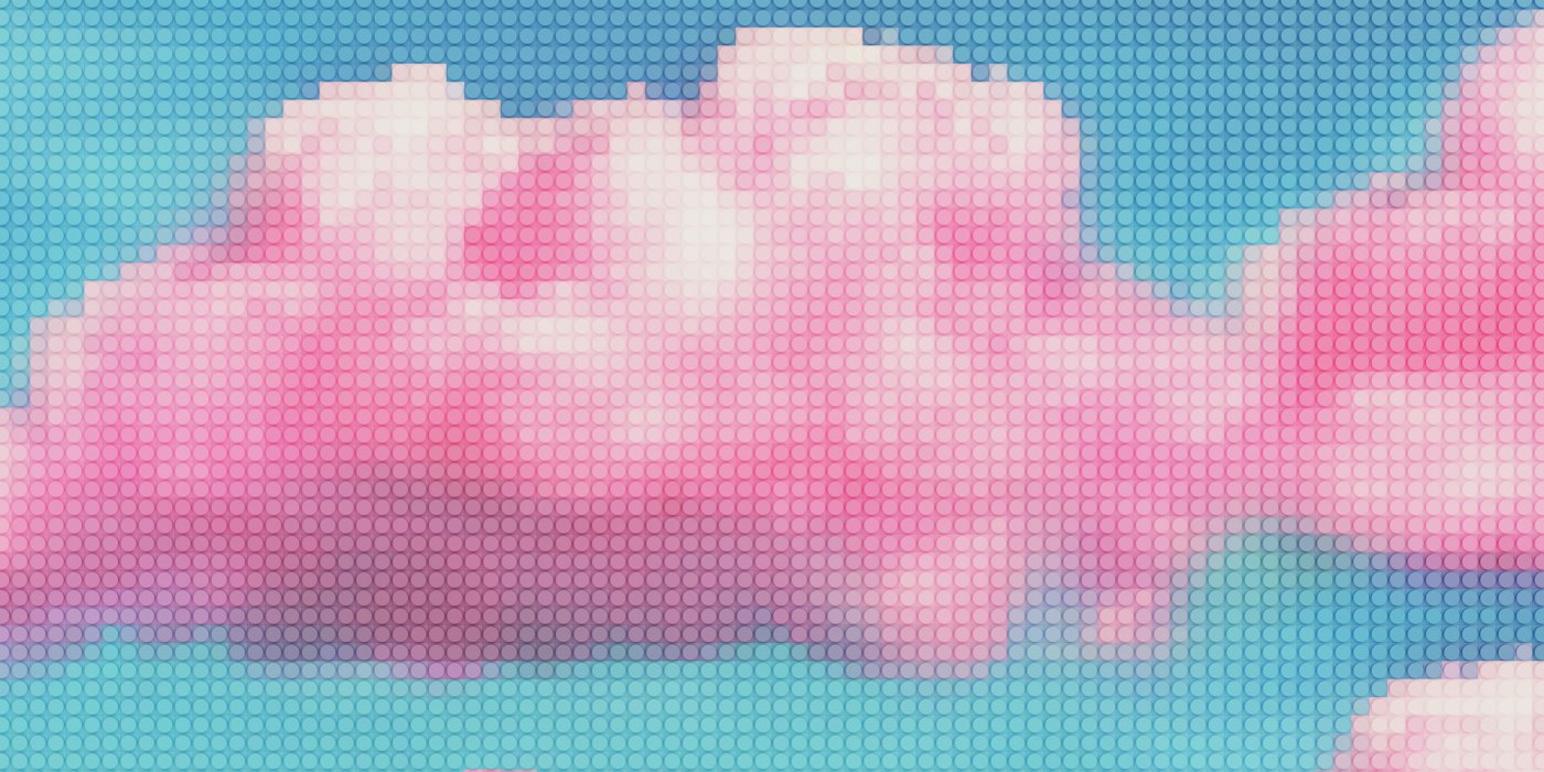 A pink cloud on a blue sky rendered as a grid of large square pixels